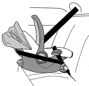 This is a line drawing showing European seat belt routing with a rear facing only car seat; 1 of 2.