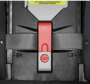 A child restraint is shown installed with a seat belt; the installation uses the red/gray lock-off.